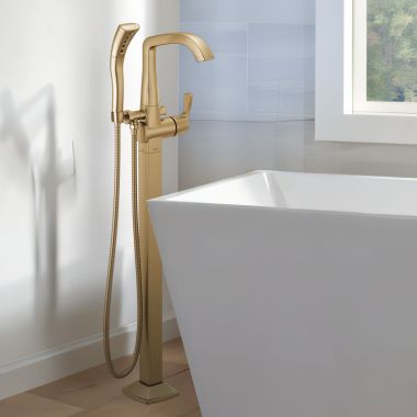 Click here to see Delta T4776-CZFL Delta Stryke Freestanding Tub Filler Trim with 1.75 GPM Single-Setting Hand Shower, H2Okinetic, Lever Handle, Champagne Bronze - T4776-CZFL