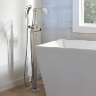 Click here to see Delta T4776-SSFL Delta Stryke Freestanding Tub Filler Trim with 1.75 GPM Single-Setting Hand Shower, H2Okinetic, Lever Handle, Stainless - T4776-SSFL