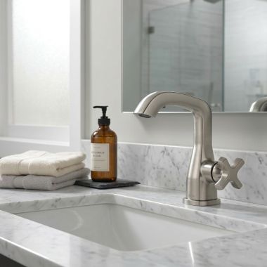 Click here to see  576-SSLPU-LHP-DST Delta Stryke Single-Handle Bathroom Faucet, Less Pop-Up, Less Handle, 1.2 GPM, Stainless - 576-SSLPU-LHP-DST