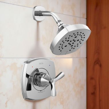 Click here to see Delta T142766 Delta Stryke Monitor 14 Series Single-Handle H2Okinetic Shower Faucet with 5-Setting Showerhead, 1.75 GPM, Helo Handle, Chrome - T142766