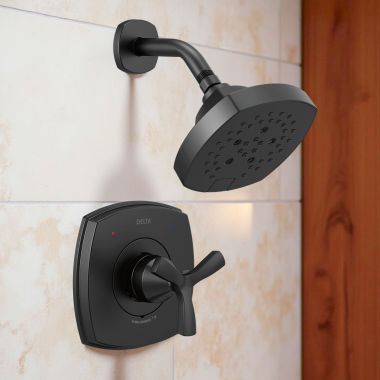 Click here to see Delta T142766-BL Delta Stryke Monitor 14 Series Single-Handle H2Okinetic Shower Faucet with 5-Setting Showerhead, 1.75 GPM, Helo Handle, Matte Black - T142766-BL
