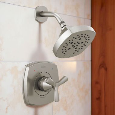 Click here to see Delta T142766-SS Delta Stryke Monitor 14 Series Single-Handle H2Okinetic Shower Faucet with 5-Setting Showerhead, 1.75 GPM, Helo Handle, Stainless - T142766-SS