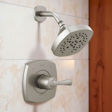 Click here to see Delta T14276-SS Delta Stryke Monitor 14 Series Shower Faucet with 5-Setting Showerhead, H2Okinetic, Lever Handle, 1.75 GPM, Stainless - T14276-SS