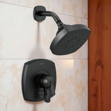 Click here to see Delta T17276-BL Delta Stryke Monitor 17 Series 5-Setting  Shower Faucet with Volume Control, Two Handles, H2Okinetic, 1.75 GPM, Matte Black - T17276-BL