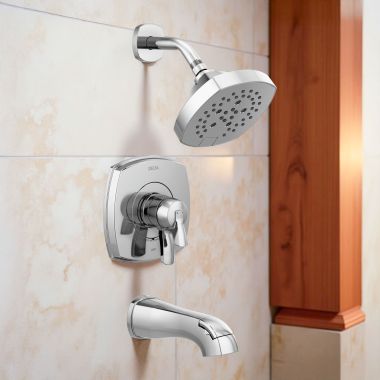 Click here to see Delta T17476 Delta Stryke Monitor 17 Series H2Okinetic Tub/Shower Faucet with Volume Control, Two-Handle, 1.75 GPM, Lever Handle, Chrome - T17476