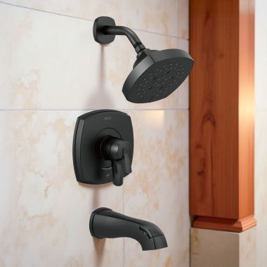 Click here to see Delta T17476-BL Delta Stryke Monitor 17 Series H2Okinetic Tub/Shower Faucet with Volume Control, Two-Handle, 1.75 GPM, Lever Handle, Matte Black - T17476-BL