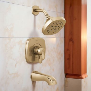 Click here to see Delta T17476-CZ Delta Stryke Monitor 17 Series H2Okinetic Tub/Shower Faucet with Volume Control, Two-Handle, 1.75 GPM, Lever Handle, Champagne Bronze - T17476-CZ