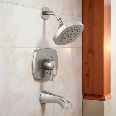 Click here to see Delta T17476-SS Delta Stryke Monitor 17 Series H2Okinetic Tub/Shower Faucet with Volume Control, Two-Handle, 1.75 GPM, Lever Handle, Stainless - T17476-SS