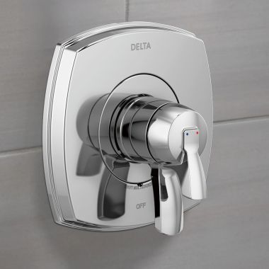 Click here to see Delta T17076 Delta Stryke Monitor 17 Series Two-Handle Valve Trim, Lever Handles, Polished Chrome - T17076