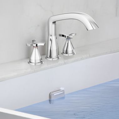 Click here to see Delta T27766 Delta Stryke Three Hole Roman Tub Only Trim, Helo Spoke Handles, Rigid Spout, ADA, Chrome - T27766