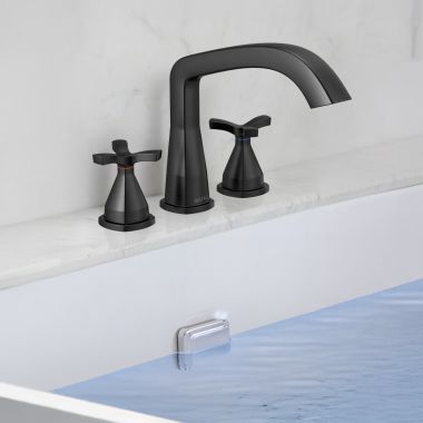 Click here to see Delta T27766-BL Delta Stryke Three Hole Roman Tub Only Trim, Helo Spoke Handles, Rigid Spout, ADA, Matte Black - T27766-BL
