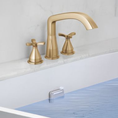 Click here to see Delta T27766-CZ Delta Stryke Three Hole Roman Tub Only Trim, Helo Spoke Handles, Rigid Spout, ADA, Champagne Bronze - T27766-CZ