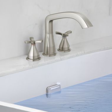 Click here to see Delta T27766-SS Delta Stryke Three Hole Roman Tub Only Trim, Helo Spoke Handles, Rigid Spout, ADA, Stainless - T27766-SS