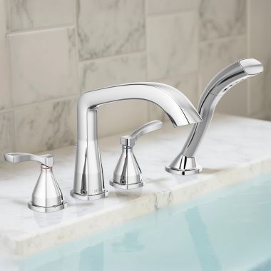 Click here to see Delta T4776 Delta Stryke Roman Tub Faucet Trim with 1.75 GPM Single-Setting Hand Shower, H2Okinetic, Angular Spout, Lever Handles, Chrome - T4776
