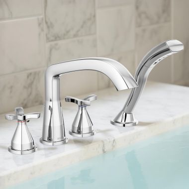 Click here to see Delta T47766 Delta Stryke Two-Handle Roman Tub Faucet Trim With 1.75 GPM Hand Shower, Rigid Spout, Chrome - T47766