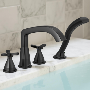 Click here to see Delta T47766-BL Delta Stryke Two-Handle Roman Tub Faucet Trim With 1.75 GPM Hand Shower, Rigid Spout, Matte Black - T47766-BL