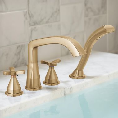 Click here to see Delta T47766-CZ Delta Stryke Two-Handle Roman Tub Faucet Trim With 1.75 GPM Hand Shower, Rigid Spout, Champagne Bronze - T47766-CZ