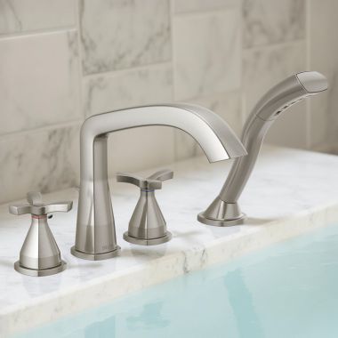 Click here to see Delta T47766-SS Delta Stryke Two-Handle Roman Tub Faucet Trim With 1.75 GPM Hand Shower, Rigid Spout, Stainless - T47766-SS