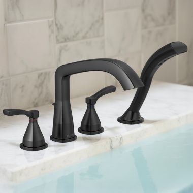Click here to see Delta T4776-BL Delta Stryke Roman Tub Faucet Trim with 1.75 GPM Single-Setting Hand Shower, H2Okinetic, Angular Spout, Lever Handles, Matte Black - T4776-BL