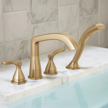 Click here to see Delta T4776-CZ Delta Stryke Roman Tub Faucet Trim with 1.75 GPM Single-Setting Hand Shower, H2Okinetic, Angular Spout, Lever Handles, Champagne Bronze - T4776-CZ