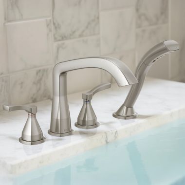 Click here to see Delta T4776-SS Delta Stryke Roman Tub Faucet Trim with 1.75 GPM Single-Setting Hand Shower, H2Okinetic, Angular Spout, Lever Handles, Stainless - T4776-SS