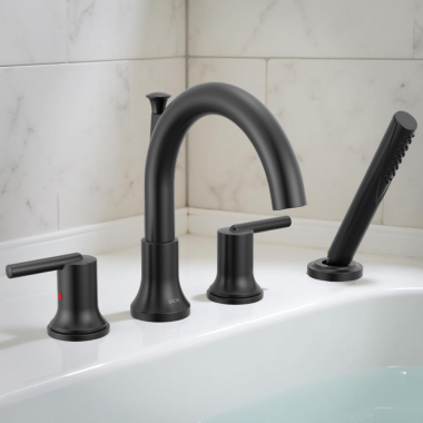 Click here to see Delta T4759-BL Delta Trinsic Two-Handle Roman Tub Faucet Trim with Easy-to-Clean 1.75 GPM Hand Shower, Lever Handles, Matte Black - T4759-BL