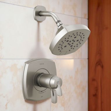 Click here to see Delta T17T276-SS Delta Stryke TempAssure 17T Series Thermostatic Shower Faucet with H2Okinetic Showerhead, 1.75 GPM, Lever Handles, Stainless - T17T276-SS