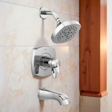 Click here to see Delta T17T476 Delta Stryke TempAssure 17T Series H2Okinetic Tub/Shower Faucet with 5-Setting Showerhead, 1.75 GPM, Lever Handle, Chrome - T17T476