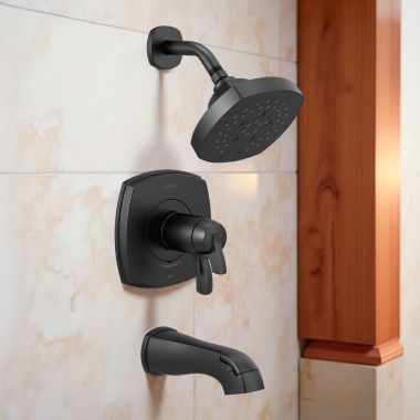 Click here to see Delta T17T476-BL Delta Stryke TempAssure 17T Series H2Okinetic Tub/Shower Faucet with 5-Setting Showerhead, 1.75 GPM, Lever Handle, Matte Black - T17T476-BL