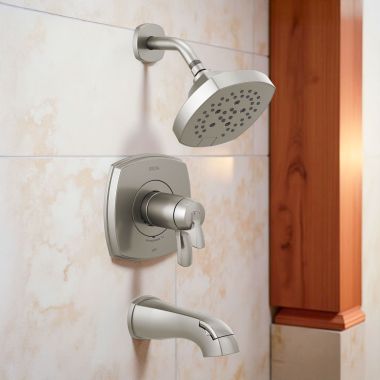 Click here to see Delta T17T476-SS Delta Stryke TempAssure 17T Series H2Okinetic Tub/Shower Faucet with 5-Setting Showerhead, 1.75 GPM, Lever Handle, Stainless - T17T476-SS