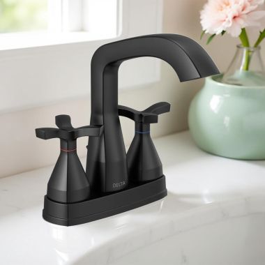 Click here to see Delta 257766-BLMPU-DST Delta Stryke Centerset Lavatory Faucet With Metal Pop-Up, Two-Handle, DIAMOND Seal, Helo Spoke Handles, 1.2 GPM, Matte Black - 257766-BLMPU-DST