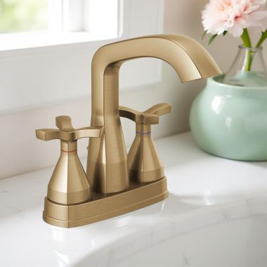Click here to see Delta 257766-CZMPU-DST Delta Stryke Centerset Lavatory Faucet With Metal Pop-Up, Two-Handle, DIAMOND Seal, Helo Spoke Handles, 1.2 GPM, Champagne Bronze - 257766-CZMPU-DST