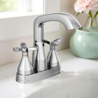 Click here to see Delta 257766-MPU-DST Delta Stryke Centerset Lavatory Faucet With Metal Pop-Up, Two-Handle, DIAMOND Seal, Helo Spoke Handles, 1.2 GPM, Lumicoat Chrome - 257766-MPU-DST