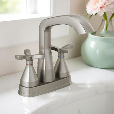 Click here to see Delta 257766-SSMPU-DST Delta Stryke Centerset Lavatory Faucet With Metal Pop-Up, Two-Handle, DIAMOND Seal, Helo Spoke Handles, 1.2 GPM, Lumicoat Stainless - 257766-SSMPU-DST