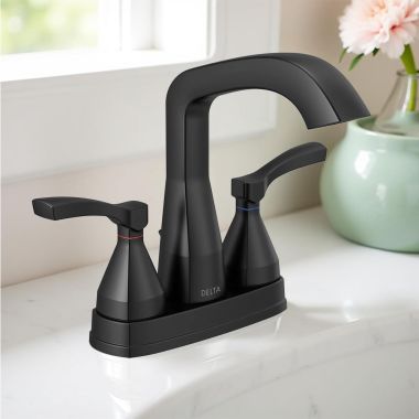 Click here to see Delta 25776-BLMPU-DST Delta Stryke Angled Spout Centerset Lavatory Faucet With Metal Pop-Up, Two-Handle, DIAMOND Seal, Lever Handles, 1.2 GPM, Matte Black - 25776-BLMPU-DST