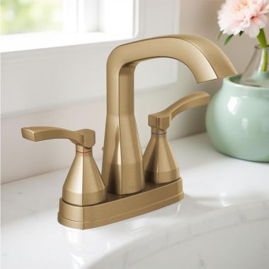 Click here to see Delta 25776-CZMPU-DST Delta Stryke Angled Spout Centerset Lavatory Faucet With Metal Pop-Up, DIAMOND Seal, Lever Handles, 1.2 GPM, Champagne Bronze - 25776-CZMPU-DST