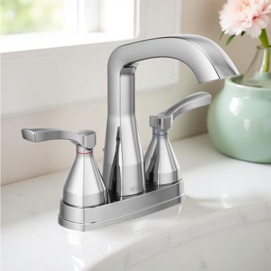 Click here to see Delta 25776-MPU-DST Delta Stryke Angled Spout Centerset Lavatory Faucet With Metal Pop-Up, Two-Handle, DIAMOND Seal, Lever Handles, 1.2 GPM, Chrome - 25776-MPU-DST