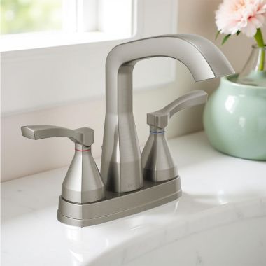 Click here to see Delta 25776-SSMPU-DST Delta Stryke Angled Spout Centerset Lavatory Faucet With Metal Pop-Up, Two-Handle, DIAMOND Seal, Lever Handles, 1.2 GPM, Stainless - 25776-SSMPU-DST
