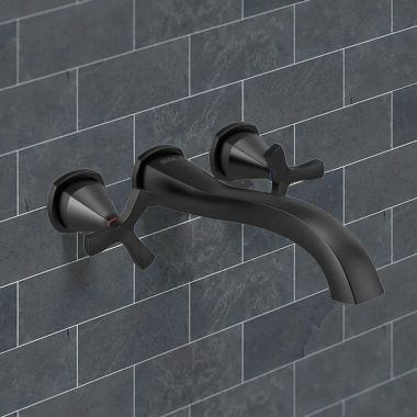 Click here to see Delta T57766-BLWL Delta Stryke Two-Handle Wall-Mount Tub Faucet Trim, Helo-Spoke Handles, 8 GPM, Matte Black - T57766-BLWL