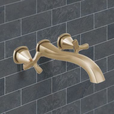 Click here to see Delta T57766-CZWL Delta Stryke Two-Handle Wall-Mount Tub Faucet Trim, Helo-Spoke Handles, 8 GPM, Champagne Bronze - T57766-CZWL