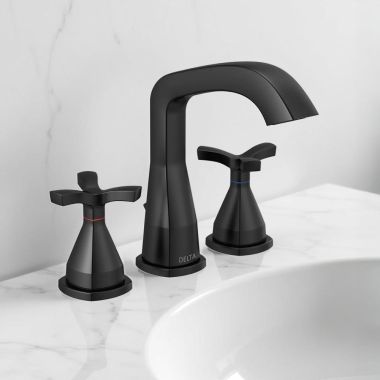 Click here to see Delta 357766-BLMPU-DST Delta Stryke Widespread Bathroom Faucet With Metal Pop-Up, Helo Spoke Handles, Diamond Seal, ADA, 1.2 GPM, Matte Black - 357766-BLMPU-DST