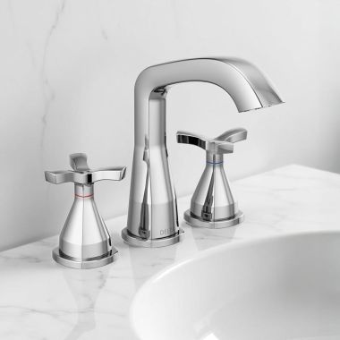 Click here to see Delta 357766-MPU-DST Delta Stryke Widespread Bathroom Faucet With Metal Pop-Up, Helo Spoke Handles, DIAMOND Seal, ADA, 1.2 GPM, Chrome - 357766-MPU-DST