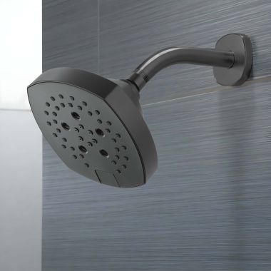 Click here to see Delta 52663-BL Delta H2Okinetic Five-Setting Shower Head with Push Button Diverter, 1.75 GPM, Matte Black - 52663-BL