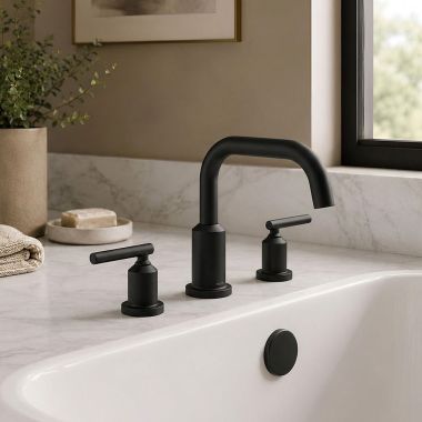 Click here to see  T961BL Moen Gibson Two-Handle Roman Tub Faucet Trim, Angular Spout, Lever Handles, M-PACT, Matte Black - T961BL