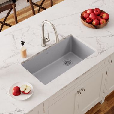 Click here to see Elkay ELGU13322GS0 Elkay Quartz Classic Greystone 33in x 19in Single Bowl Undermount Kitchen Sink with Rear Right Drain - ELGU13322GS0