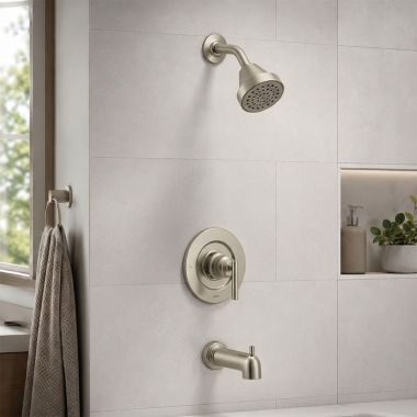 Click here to see  T2903EPBN Moen Gibson Posi-Temp Single-Handle Tub/Shower Trim Kit, 1-Function, Lever Handle, 1.75 GPM, Brushed Nickel - T2903EPBN