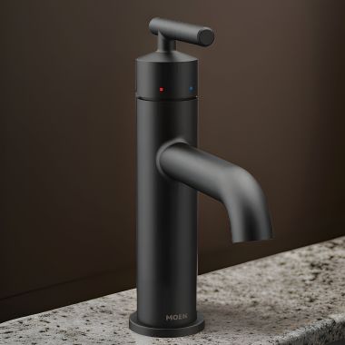 Click here to see Moen 6145BL Moen Gibson Single-Handle Matte Black Lavatory Faucet with Metal Pop-Up and Escutcheon, Lever Handle with Red/Blue Indicators, 1.2 GPM, Single-Hole - 6145BL