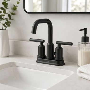 Click here to see  6150BL Moen Gibson Two-Handle Centerset Bathroom Faucet with Metal Pop-Up Drain, Lever Handle, 1.2 GPM, Matte Black - 6150BL