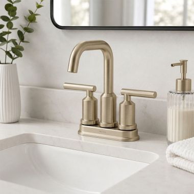 Click here to see  6150BN Moen Gibson Two-Handle Centerset Bathroom Faucet with Metal Pop-Up Drain, Lever Handle, 1.2 GPM, Brushed Nickel - 6150BN