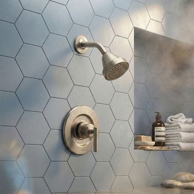 Click here to see  T2902EPBN Moen Gibson Posi-Temp Single-Handle Shower Faucet, One-Function, 1.75 GPM, Lever Handle, Eco-Performance, M-PACT, Brushed Nickel - T2902EPBN